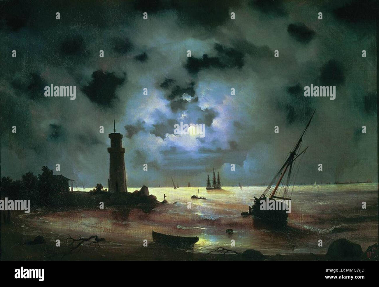 Anglais : côte de la mer de nuit. Près de la balise ? ? ? ? ? ? ? ? ? ? ? ?  ? ? ? ?  ? ? ? ? ?.  ?  ? ? ? ? ?  ? ? ? ? ? ? ? ? ? ? ? ? ? ? ?  ? ? ? ?  ? ? ? ?  ? ? ? ? ?.  ? ? ? ? ? ? ?  ? ? ? ? ? . 1837. Aivazovsky - côte de la mer de nuit. Près de la balise Banque D'Images