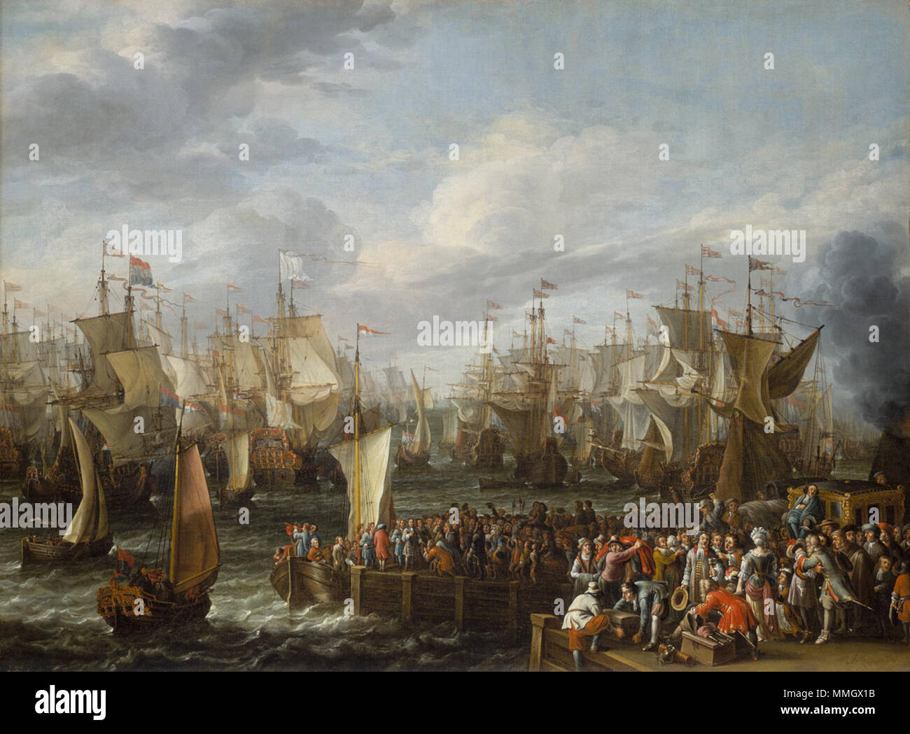 . English : Embarquement de Guillaume d'Orange avec ses partisans pour l'Angleterre en octobre 1688 depuis le port de Hellevoetsluis en Hollande. Glorieuse Révolution. Anglais : départ de Guillaume III de Hellevoetsluis, 19 octobre 1688. . Inconnue. Entre 1688 et 1710 ?. Embarquement inconnu de Guillaume d'Orange pour l'Angleterre en 1688 Banque D'Images