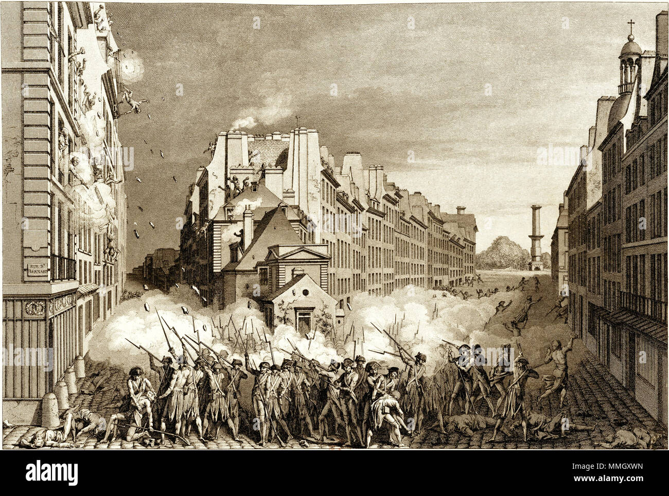 . English : Sujet : la France. Armée. Gardes françaises Sujet : la France. Armée. Régiment des Gardes suisses Sujet : Paris (France) -- rue du Faubourg-Saint-Antoine Sujet : Paris (France) -- Histoire (1789, émeutes) Sujet : Scènes historiques -- 1789-1799 English : Fusillade au faubourg Saint-Antoine, le 28 avril 1789. Après le pillage de la maison et de la Manufacture de Réveillon, les gardes françaises et suisses, qui s'avançoient dans le fauxbourg pour en chasser les brigands, ayant été assailli par une tranquillité de pierres et de tuiles qu'on leur lançait du haut de différentes maisons, firent f Banque D'Images