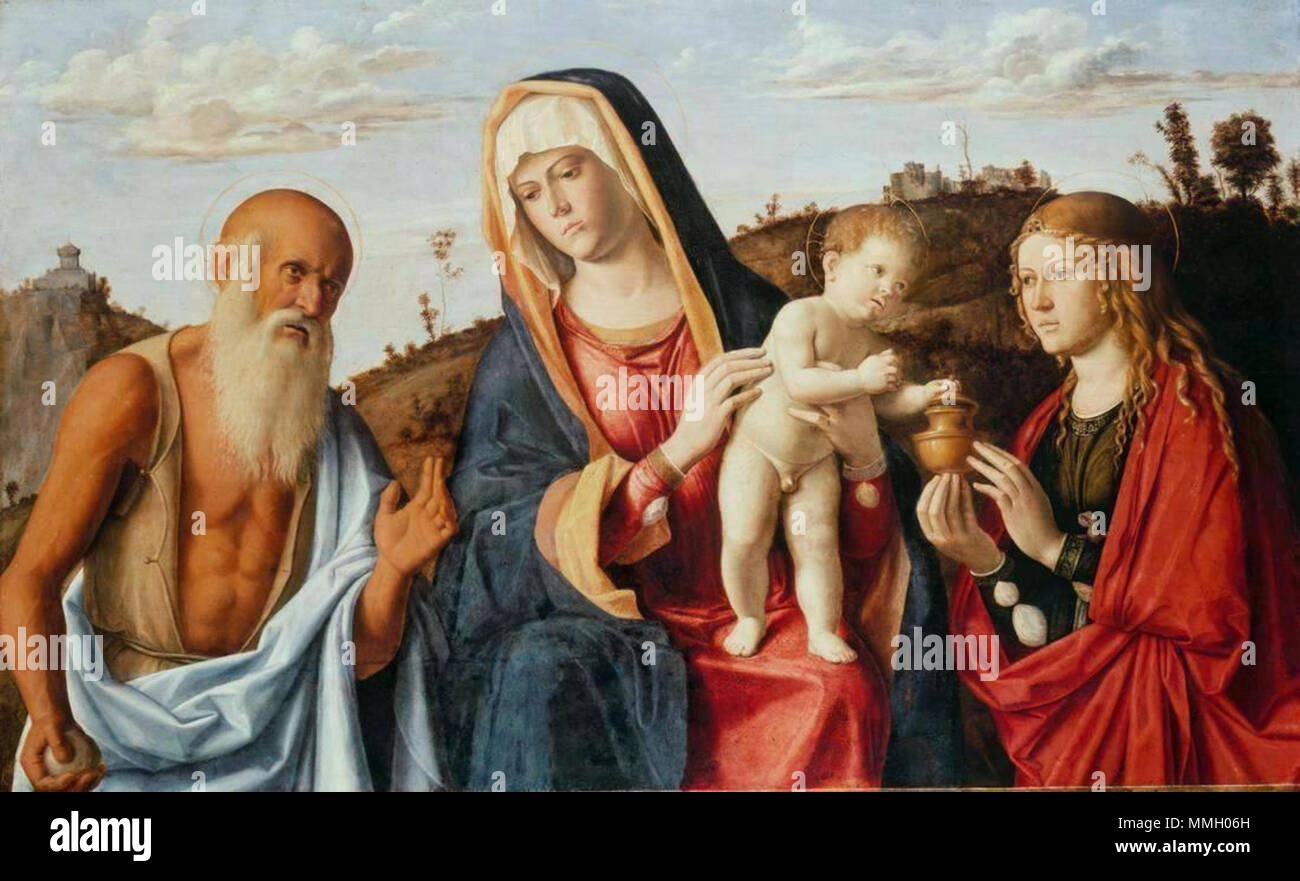 . Italiano : Cima da Conegliano, Madonna col bambino tra S. Geremia e Maria Maddalena. ca. 1495 Cima da Conegliano um 1517/18 1459 - Maria mit dem Kinde und in heiligen Maria Magdalena und Jérôme. Lindenholz, 79,6 x 122,9 cm Alte Pinakothek, Mьnchen Cima da Conegliano, Madonna col bambino tra S. Geremia e Maria Maddalena. ca. 1495 Banque D'Images