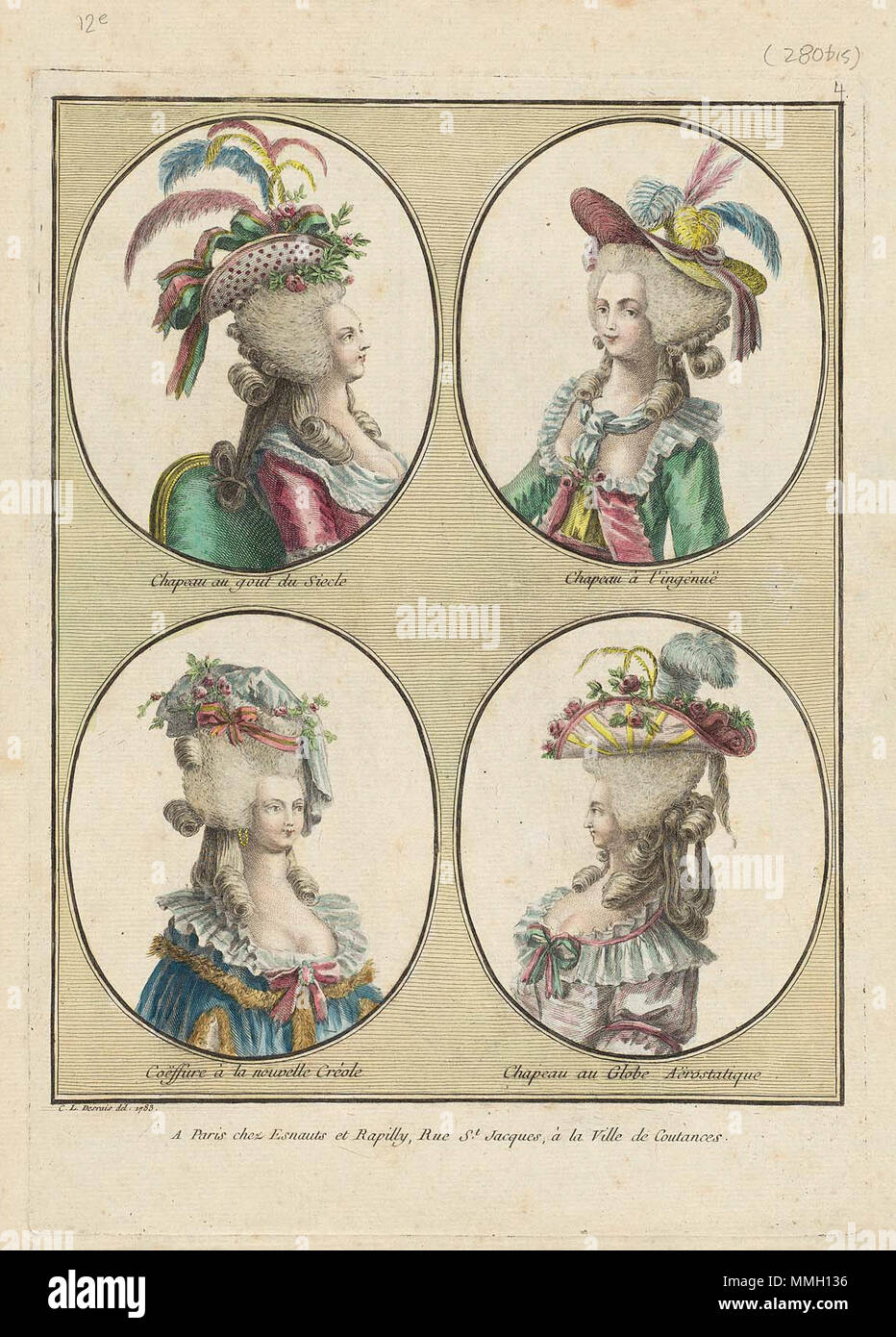 . 280 Plaque de Gallerie des modes et Costumes français. 12e Cahier des coeffures les plus à la mode en 1785. 1785. Chapeau au gout du siecle Banque D'Images