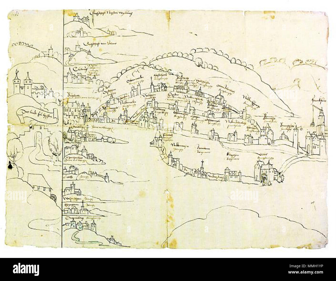 . Deutsch : Geleitsstraßenkarte der Wetterau [ca. 1530] Federzeichnung auf Papier, 48 x 65 cm, aus Hessen und Thüringen. Von den Anfängen bis zur réforme. Eine Ausstellung des Landes Hessen, 1992, S. 234, ABB. 439. . 10 mai 2016. Geleitskarte 1530 inconnu Banque D'Images