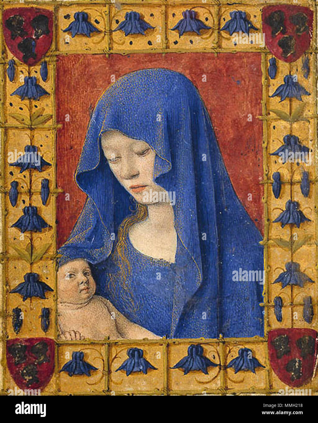 Livre d'heures de Simon de varie : Marie portant l'enfant Jésus. Ko, 74 G  37a 1v . 15e siècle. Jean Fouquet (1420-) noms alternatifs Jehan Fouquet ;  Jean-Pierre Fouquet ; Zhan ;