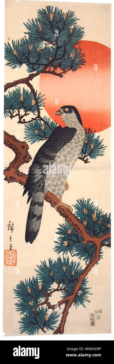. Anglais : numéro d'Accession : 1939.1.j Affichage : Artiste Utagawa Hiroshige Afficher Titre : Falcon en sapin au lever du soleil Date de création : 1852 technique : gravure sur bois HAUTEUR : 29 5/8 po. Largeur : 9 à 13/16. Dimensions d'affichage : 29 5/8 po. x 9 13/16 in. (75,25 cm x 24,92 cm) Editeur : Sanoya Kihei Ligne de crédit : "Don de Mme Clinton G. Abbott de la succession de son père, M. William G. Clarke' Label Copy : "Le pèlerin est l'acronyme de grand effort et succès, et le pin fait référence à la longévité. En combinaison avec le soleil levant, ces éléments sont souvent associés à la nouvelle année, et ce serait d'hav Banque D'Images