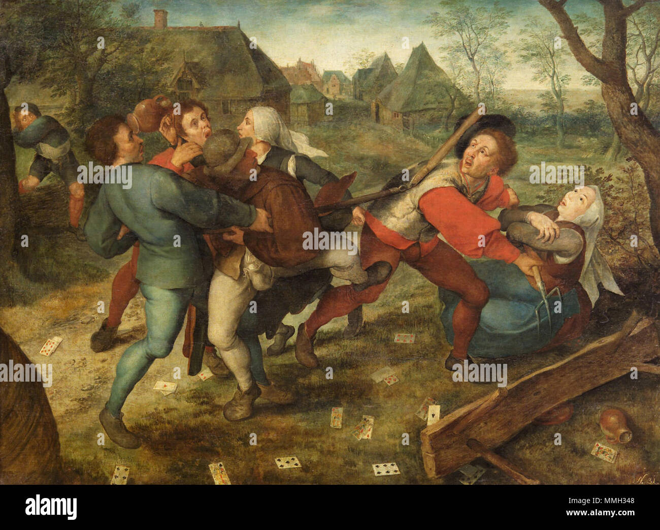 Deutsch : Streitende Bauern beim Kartenspiel . fin du 16e siècle. Cercle de Jan Brueghel l'ancien - lutte entre les paysans jouant aux cartes Banque D'Images