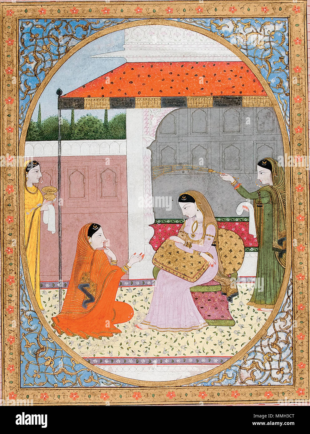 . Anglais : UNE nayika pensive avec son sakhi. Titre de la série : Connoisseur's Delight de nom : Rasikapriya Artiste Affichage : Sajnu Date de création : ca. Affichage 1820 Dimensions : 10 x 8 7/16 in. à 3/8. (26,5 cm x 21,3 cm) de la ligne de crédit : Edwin Binney 3ème Numéro : 1990.1249 Collection : Le San Diego Museum of Art . 14 novembre 2005, 11:25:27. Une nayika Sajnu pensive avec son sakhi (6124590293) Banque D'Images