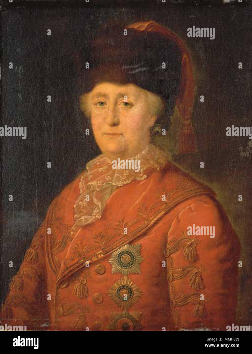 . Portrait de l'impératrice Catherine II de Russie (1729-1796), demi-longueur, en costume de voyage, le port de l'étoile de l'Ordre russe de saint André signée en cyrillique et datée 'K. Petr Drozhdin' [1797] copié par Petr Drozhdin 1797] huile sur toile 28 x 21¾ en 1/8. (71,3 x 55,2 cm.) Provenance probablement offert à sir Charles Whitworth, K.B., ensuite 1er comte Whitworth, G.C.B., C.P. (1752-1825), lorsqu'envoyé extraordinaire et plénipotentiaire de la Cour impériale (1788-1800), et par qui légua à sa veuve Arabella, duchesse de Dorset (1767-1825), veuve de John Frederick Sackville, 3 Banque D'Images