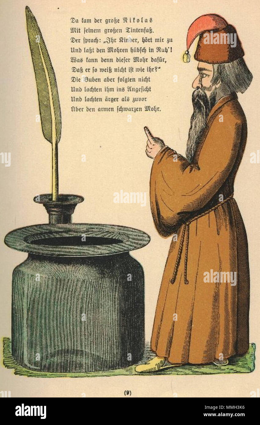 . Der Struwwelpeter : Die Geschichte von den schwarzen Buben Tafel 2  = Anglais : une histoire qui appelle Struwelpeter. Deutsch : "Da kam der grosse Nikolas mit seinem großen Tintenfaß" aus : Der Struwwelpeter, Die Geschichte von den schwarzen Buben . créé 1858. Heinrich Hoffmann (1809-1894) Noms alternatifs Polycarpus Heulalius Heulenburg Gastfenger ; von Reimerich ; Peter Struwwel Kinderlieb ; Description de l'auteur auteur allemand de Struwwelpeter Date de naissance/décès 13 juin 1809 au 20 septembre 1894 Lieu de naissance/décès Frankfurt Munich Allemagne lieu de travail contrôle d'autorité : Q215724 VI Banque D'Images