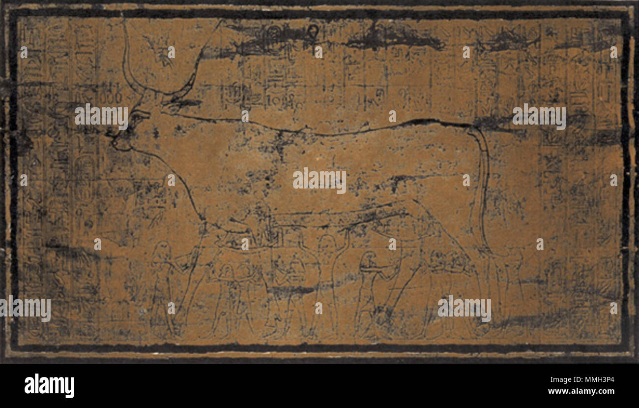 . Anglais : Une scène du livre de la vache céleste comme représentés dans la tombe de Toutankhamon, l'emplacement de la Vallée des Rois KV 62, sur l'intérieur du panneau arrière de culte I. Elle représente la déesse du ciel Nut dans sa forme bovine, étant retenu par son père Chou, le dieu de l'air. Aider les dieux Shu sont huit de l'Ogdoad. Dans le ventre de l'écrou (représentant le ciel visible) sails le dieu soleil dans sa barque de jour. . Date inconnue. Wim van den Dungen Livre de la vache céleste KV 62 Banque D'Images