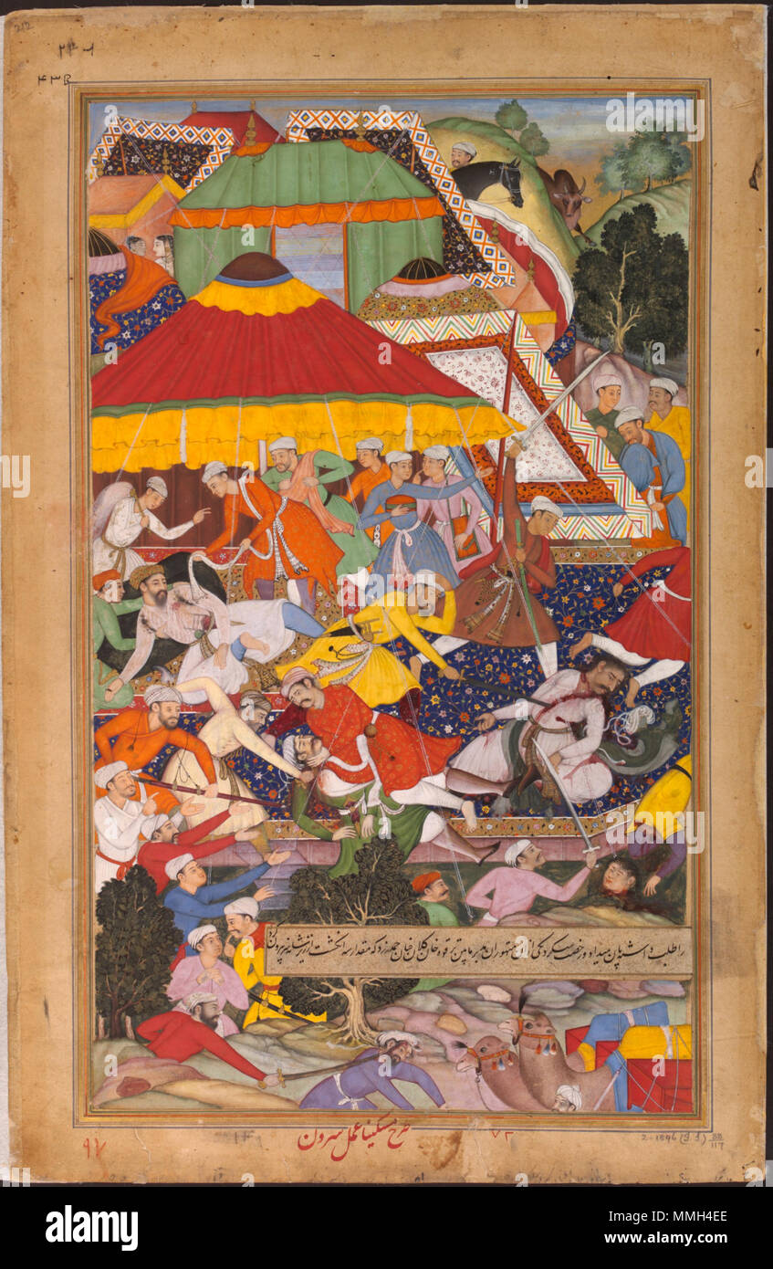 . Au cours du mois de mars de forces Mughal dirigé par Khan Kilan à Gujarat, dans le nord-ouest de l'Inde, pendant la longue campagne pour conquérir ce royaume indépendant. L'armée de Khan Kilan était l'avant-garde et passe à travers le territoire de Sirohi Rajput. Le chef Rajput, Man Singh, Deohra envoyés à Khan Kilan mais à la fin de leur cible une des envoyés spéciaux poignardé le Mughal général dans l'épaule. Les hommes de Kilan Khan a fait un bond en avant et a tué l'attaquant et ses compagnons. La blessure de Khan Kilan par un Rajput durant son mars au Gujarat, en 1572 de l'Akbarnama 51572-la blessure de Khan Kilan par Banque D'Images