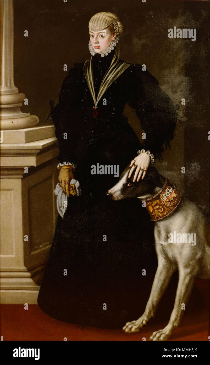 . Deutsch : Dona Juana (1535-1573), Prinzessin von Portgual, ganzfiguriges Bildnis im Alter von 22 Jahren mit einer Dogue Español : Retrato de Juana de Austria (1535-1573), que fue infanta de España y de archiduquesa Autriche y era hija del Emperador Carlos I de España y de la Reina Isabel de Portugal y también hermana del Rey Felipe II d'Espagne. Q27981157. 1557. Infante Juana de l'Espagne1 Banque D'Images