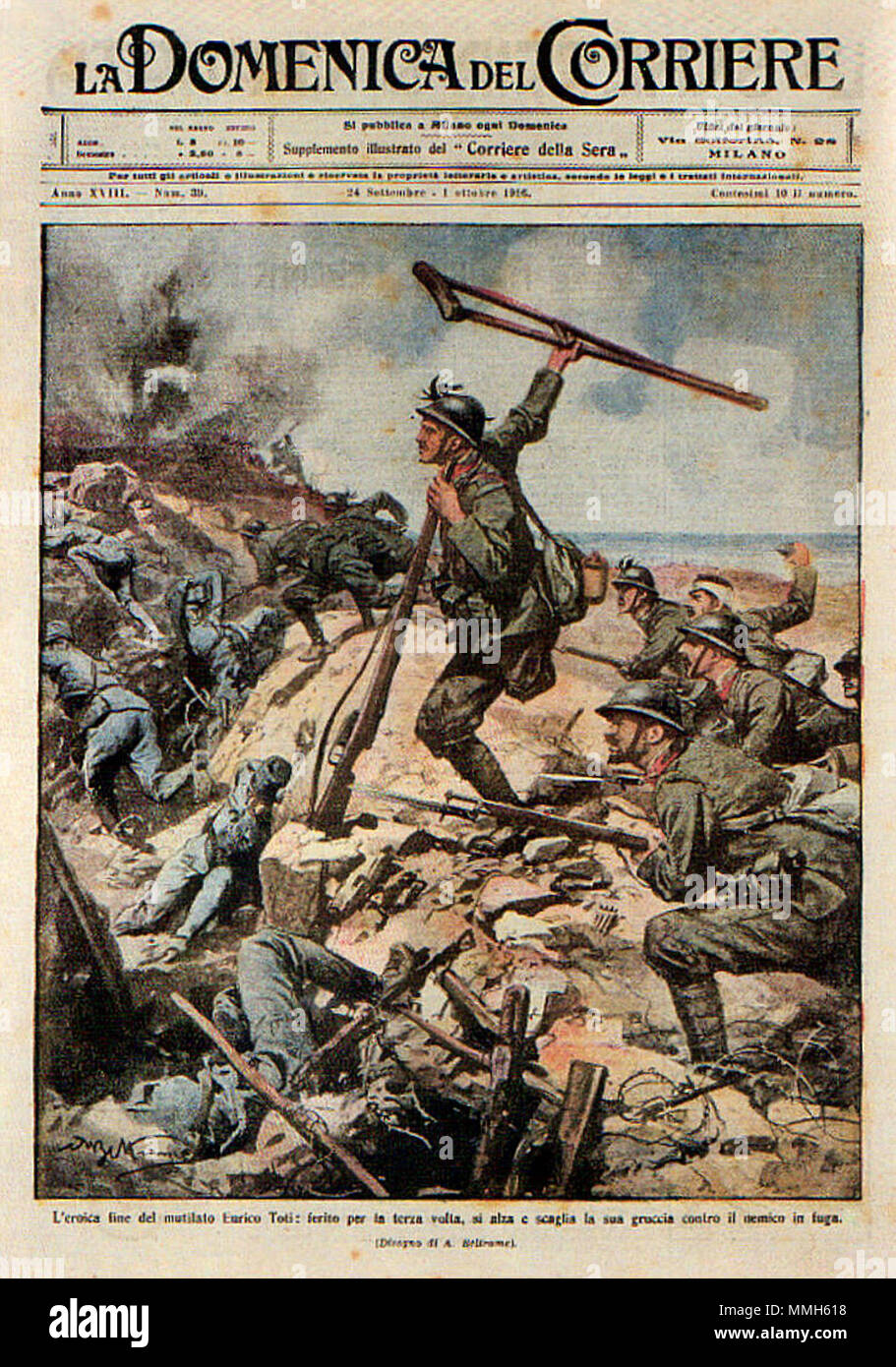 . Anglais : Scan de la première page de l'édition de la "La Domenica del Corriere", un magazine italien, avec un dessin d'Achille Beltrame représentant Enrico Toti, patriote et héros de la Première Guerre mondiale Italiano : Scansione della Prima pagina della rivista "La Domenica del Corriere" del 24 settembre 1916 con una illustrazione di Achille Beltrame raffigurante Enrico Toti, eroe della prima guerra mondiale. . 24 septembre 1916. Achille Beltrame (1871-1945) peintre et illustrateur italien Description qui a travaillé principalement pour La Domenica del Corriere, magazine hebdomadaire de Corriere della Sera la date de naissance Banque D'Images