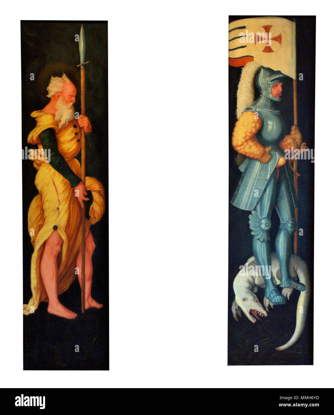 . Anglais : voici deux magnifiques peintures sur bois représentant saint Matthieu et saint George. Ils appartiennent à un maître nommé Hans Baldung local Grien, qui est né à Schwäbisch Gmünd, mais a vécu et créé à Strasbourg. Bien que peinte autour de 1530, ils portent un style médiéval et le symbolisme qui leur donnent de l'élégance et un atemporal aura de beauté. . Vers 1530. Baldung, St Matthias et St Georges Banque D'Images
