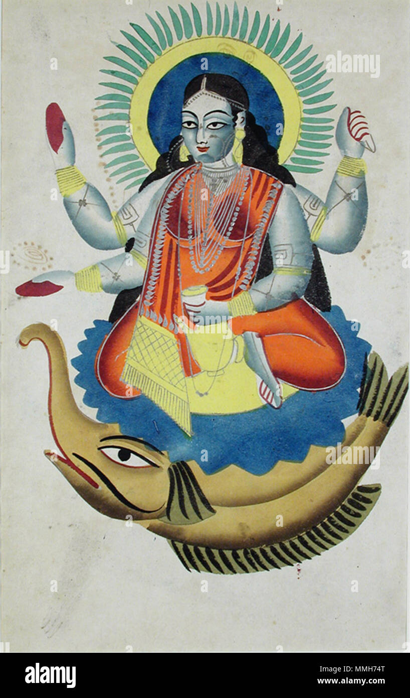 . Anglais : Série Titre : Kalighat Album Suite Nom : Kalighat Album Date de création : ca. Affichage 1880 Dimensions : 17 x 10 5/16 13/16 in. (44 cm x 27,5 cm) de la ligne de crédit : Edwin Binney 3ème Numéro : 1990.1456 Collection :  <a href ='http://www.sdmart.org/art/our-collection/asian-art' rel ='nofollow' >Les San Diego Museum of Art </a > . 16 mai 2002, 12:01:55. Anglais : thesandiegomuseumofartcollection Ganga sur son makra (recto) ; porte Hanuman Rama et Lakshmana sur son verso (sho (6124606303) Banque D'Images