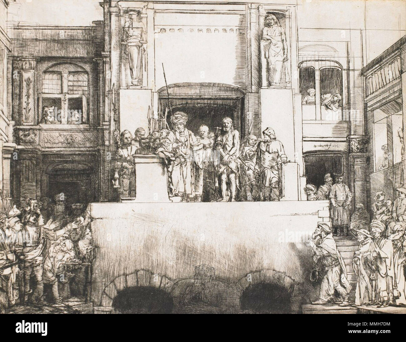 . Anglais : la pointe sèche imprimer dans la huitième de huit membres. L'illustre la scène biblique où Ponce Pilate présente Jésus Christ à une foule hostile peu avant sa crucifixion. Anglais : le Christ présenté au peuple (Ecce Homo) . Anglais : 1655 . EcceHomo8de8-BMA Banque D'Images