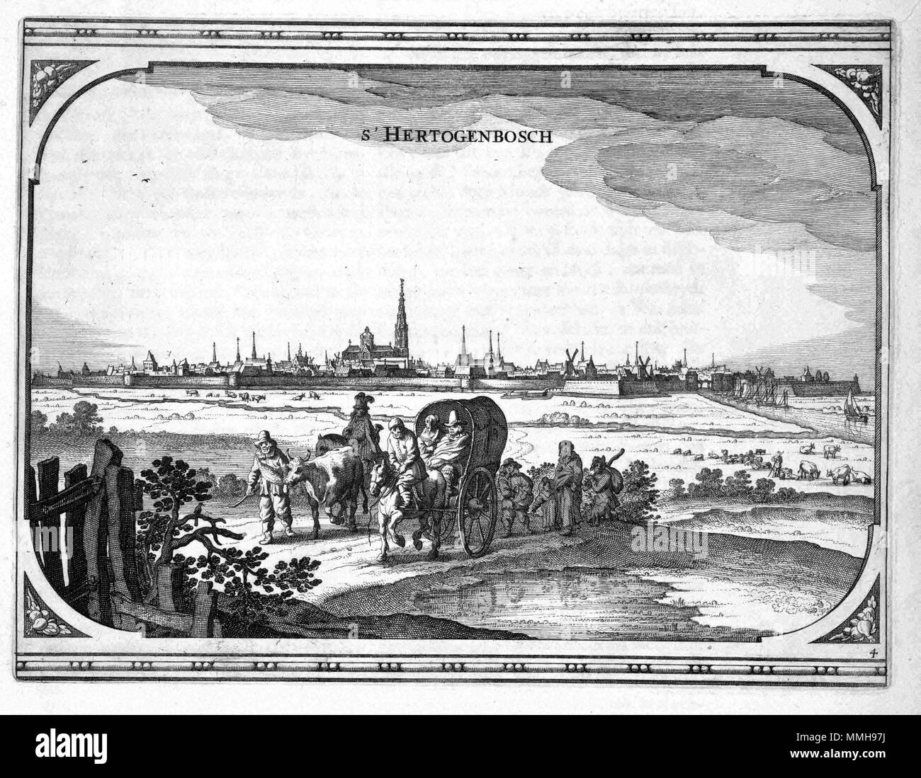 . Nederlands : Cette image van de stad 's-Hertogenbosch werd vermoedelijk porte gegraveerd L. Jordaens. Stadsgezicht fuifde Het était de een reeks prenten mourir en 1660 Nicolaes Visscher porte I (1618-1679) werden gepubliceerd zijn Theatrum Urbium praecipuarum en Ducatus Brabantiae. Anglais : cette représentation de la ville de 's-Hertogenbosch était probable gravée par L. Jordaens. La vue sur la ville était le quatrième d'une série d'impressions publié par Nicolaes Visscher I (1618-1679) en 1660 dans son Theatrum Urbium praecipuarum Ducatus Brabantiae. Rechtsonder : 4. SHERTOGENB.S.. 1660. Auteur : L. Jordae Banque D'Images