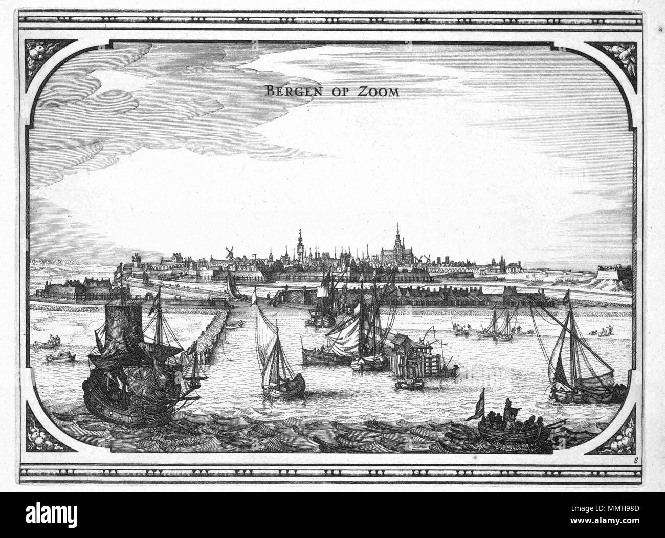 . Nederlands : Cette image van de stad Bergen op Zoom gegraveerd werd door L. Jordaens. Stadsgezicht a été de achtste Het een reeks prenten mourir en 1660 Nicolaes Visscher porte I (1618-1679) werden gepubliceerd zijn Theatrum Urbium praecipuarum en Ducatus Brabantiae. Anglais : Cette vue de la ville de Bergen op Zoom fut gravée par L. Jordaens. La vue était le huitième d'une série d'impressions publié par Nicolaes Visscher I (1618-1679) dans son Theatrum Urbium praecipuarum Ducatus Brabantiae à partir de 1660. Rechtsonder : 8. BERGEN OP ZOOM. 1660. Auteur : L. Jordaens Editeur : Nicolaes Visscher (161 Banque D'Images