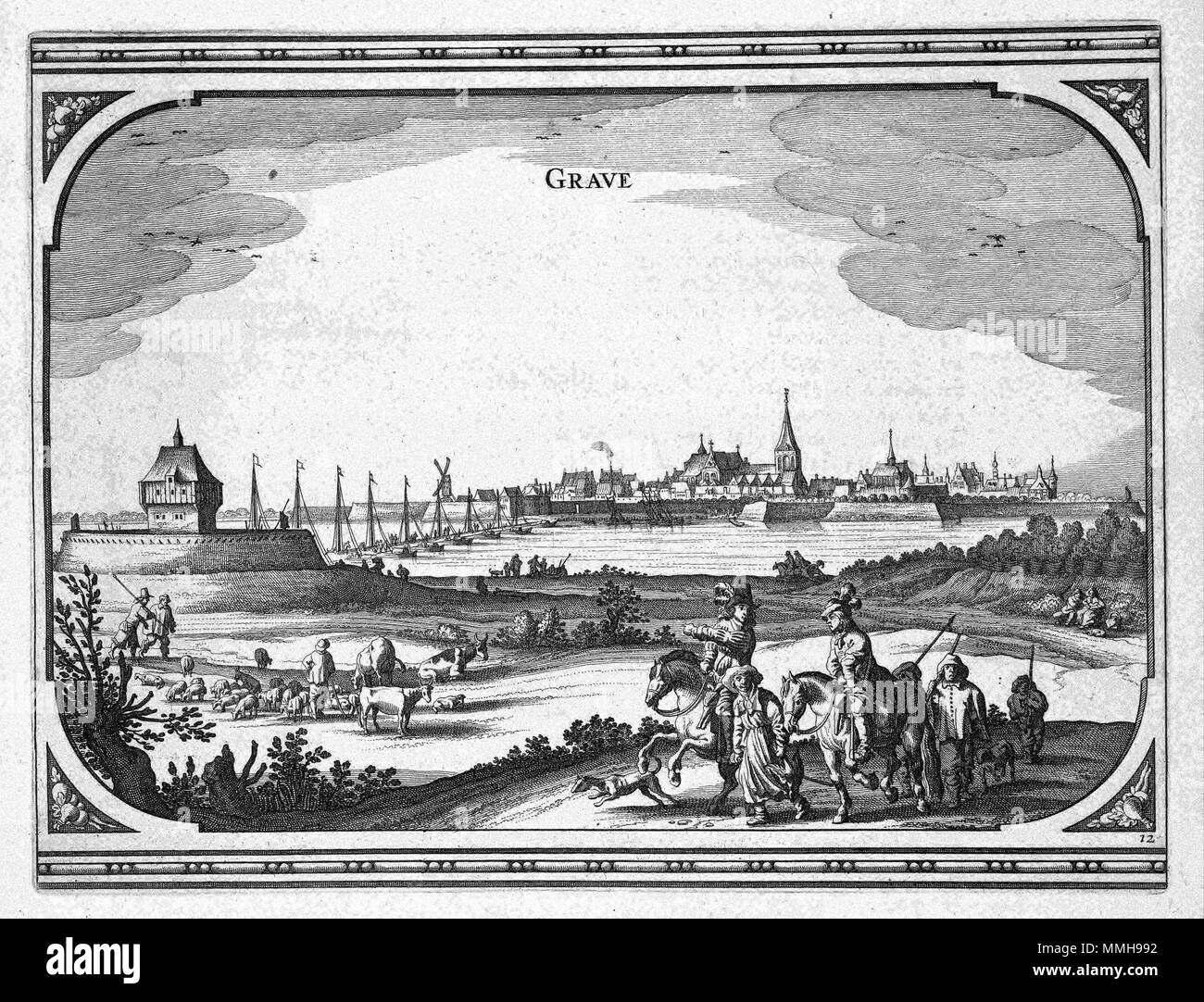 . Nederlands : Cette image van de stad Grave gegraveerd werd door L. Jordaens. Stadsgezicht a été de twaalfde Het een reeks prenten mourir en 1660 Nicolaes Visscher porte I (1618-1679) werden gepubliceerd zijn Theatrum Urbium praecipuarum en Ducatus Brabantiae. Anglais : Cette vue de la ville de Grave a été gravé par L. Jordaens. Le point de vue a été le douzième d'une série d'impressions publié par Nicolaes Visscher I (1618-1679) dans son Theatrum Urbium praecipuarum Ducatus Brabantiae à partir de 1660. Rechtsonder : 12. Tombe. 1660. Auteur : L. Jordaens Editeur : Claes Jansz. Visscher Atlas Beudeker-C9E10 0361 Banque D'Images