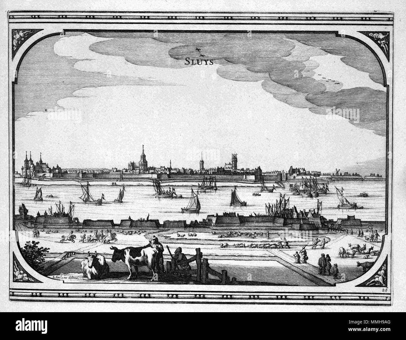 . Nederlands : Cette image van de stad Sluis werd door gegraveerd L. Jordaens. Stadsgezicht zesentwintigste Het était de een reeks prenten mourir en 1660 Nicolaes Visscher porte I (1618-1679) werden gepubliceerd zijn Theatrum Urbium praecipuarum en Ducatus Brabantiae. Anglais : cette représentation de la ville de Sluis fut gravée par L. Jordaens. La vue sur la ville a été le vingt-sixième d'une série d'impressions publié par Nicolaes Visscher I (1618-1679) en 1660 dans son Theatrum Urbium praecipuarum Ducatus Brabantiae. Rechtsonder : 26 SLUYS. 1660. Auteur : L. Jordaens delin. Editeur : projet pour Vissche Banque D'Images