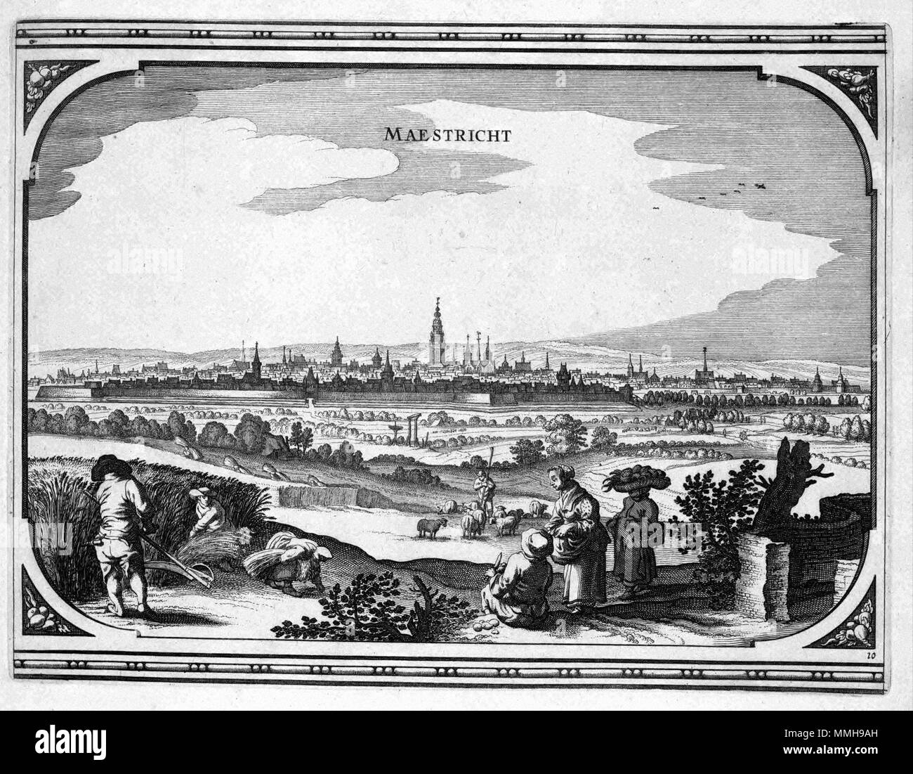 . Nederlands : Cette image van gegraveerd Maastricht werd door L. Jordaens. Het stadsgezicht a été de 10de een reeks prenten mourir en 1660 Nicolaes Visscher porte I (1618-1679) werden gepubliceerd zijn Theatrum Urbium praecipuarum en Ducatus Brabantiae. Anglais : cette représentation de la ville de Maastricht a été gravé par L. Jordaens. La vue sur la ville était le dixième d'une série d'impressions publié par Nicolaes Visscher I (1618-1679) en 1660 dans son Theatrum Urbium praecipuarum Ducatus Brabantiae. 10 Rechtsonder : MAESTRICHT. 1660. Auteur : L. Jordaens Editeur : Nicolaes Visscher (1618-1679) Banque D'Images