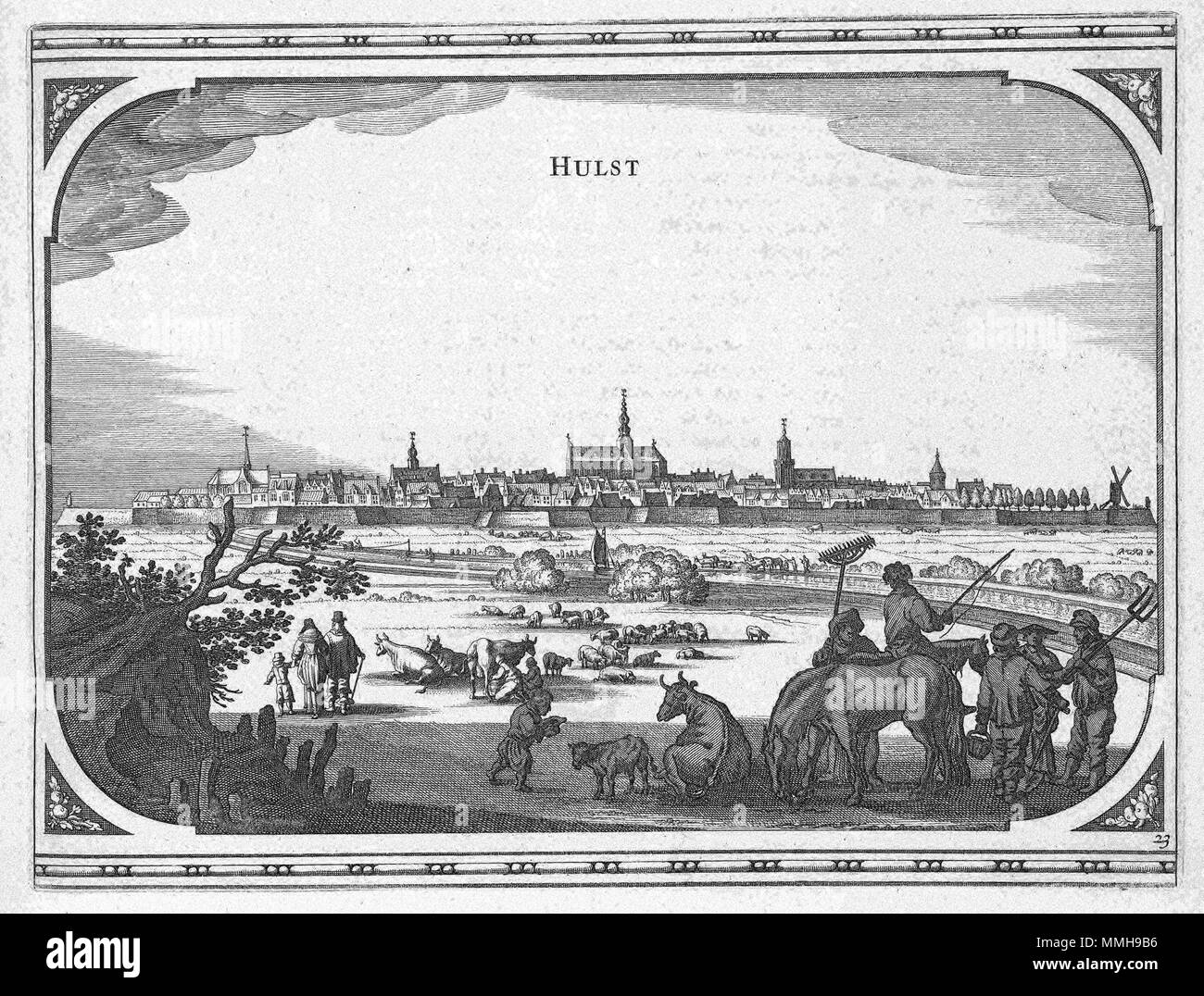 . Nederlands : Cette image gegraveerd van Hulst werd door L. Jordaens. Stadsgezicht drieentwintigste Het était de een reeks prenten mourir en 1660 Nicolaes Visscher porte I (1618-1679) werden gepubliceerd zijn Theatrum Urbium praecipuarum en Ducatus Brabantiae. Anglais : cette représentation de la ville d'Hulst est gravée par L. Jordaens. La vue sur la ville était la vingt-troisième d'une série d'impressions publié par Nicolaes Visscher I (1618-1679) en 1660 dans son Theatrum Urbium praecipuarum Ducatus Brabantiae. Rechtsonder : 23 HULST. 1660. Auteur : L. Jordaens Editeur : Nicolaes Visscher (1618-1679 Banque D'Images