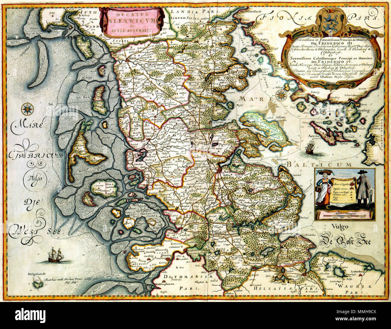 . Nederlands : Tussen 1638 en 1648 werkte wiskundige de Johannes Mejer (1606-1674) en opdracht van de koning van Denemarken aan een kaart van jarenlang en Schleswig Holstein, dat toen voor een groot deel Deens grondgebied a été. De Resultaten van die arbeid - een detailkaarten gegraveerd atlas a rencontré 40 goudsmeden porte de Matthias en Nicolaus Petersen - werd dans Dankwerth 1652 gepubliceerd door Caspar (ca. 1615-1672). Par Dankwerth koperplaten de kwamen à handen van de uitgever Joan Blaeu (1598-1673). Hij brique 34 koperplaten uit deze reeks zijn voor grote, wereldatlas Atlas Maior de uit 1662. ; Banque D'Images