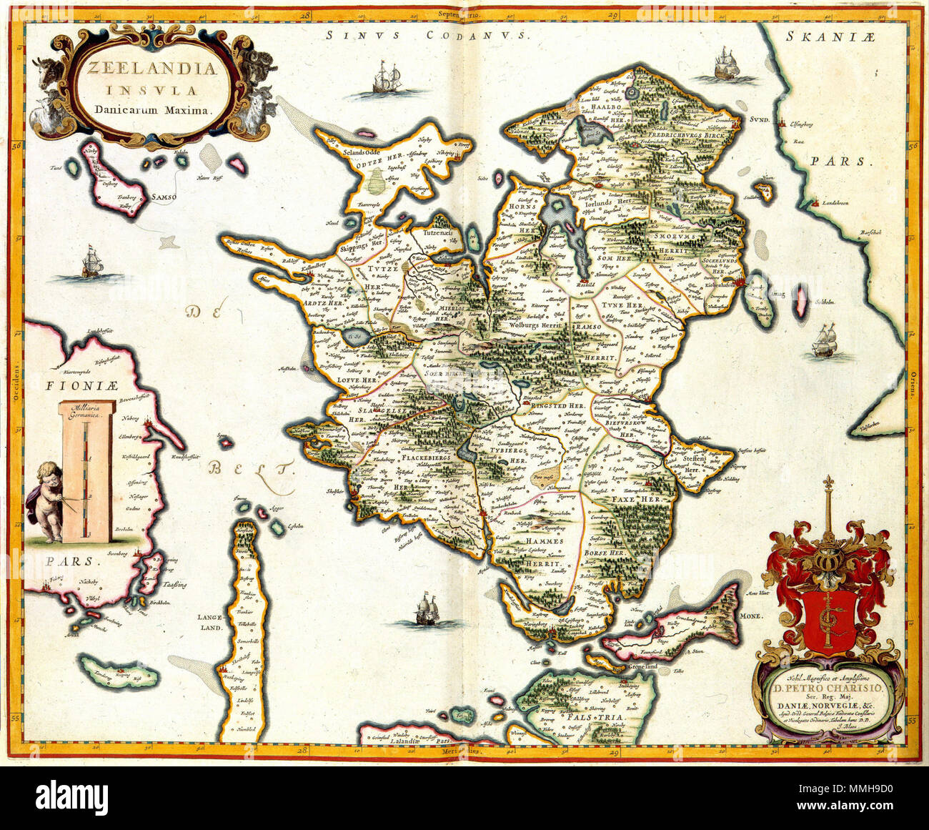 . Nederlands : De kaart van het eiland Deense het resultaat Jutland-du-Nord a été van de topografsche nom op het Rijk van Deense die vanaf 1630 dans opdracht van Koning Christian IV onder toezicht van Johann Lauremberg (1590-1658) fr Johannes Mejer (1606-1674) werd uitgevoerd. De kaart en 1662 werd gepubliceerd in de Atlas Maior van Joan Blaeu (1598-1673). Blaeu droeg op de kaart Petrus Charisius (overleden 1683). Charisius était van 1651 tot 1669 de oficieele vertegenwoordiger van Denemarken Noorwegen fr dans Den Haag. ; Rechtsonder opdracht van een Joan Blaeu aan Petrus Charisius. Anglais : le plan de la D Banque D'Images