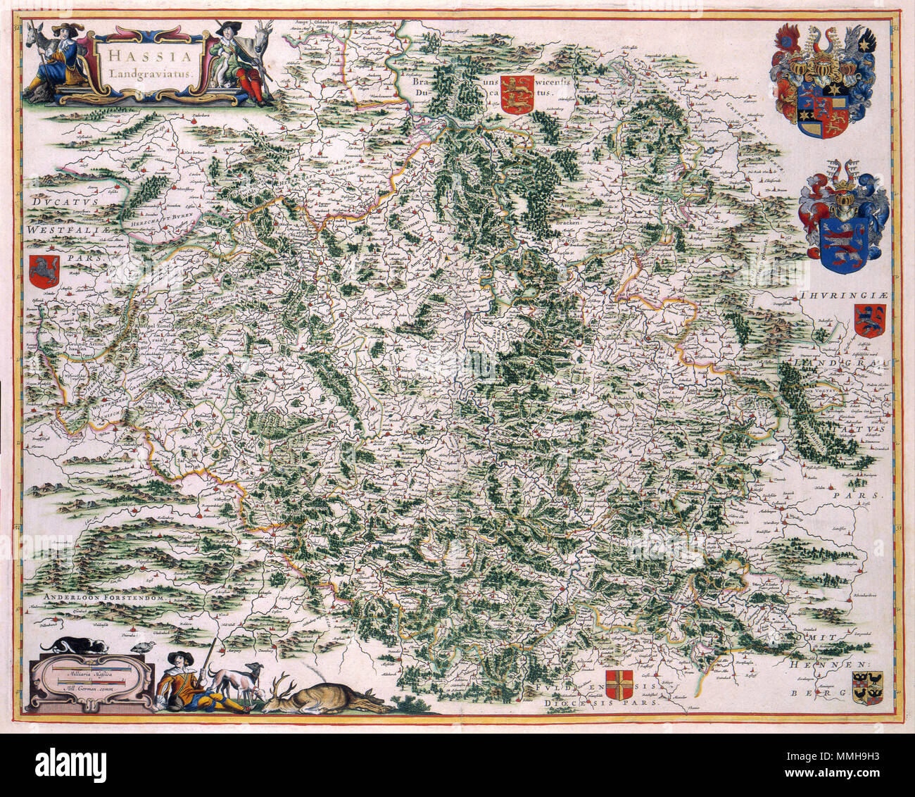 . Nederlands : De eerste gedrukte kaarten van Hessen verschenen Münsters Cosmographia de Laurens (1550) en Abraham Ortelius (1527-1598) Theatrum Orbis Terrarum (1575). Cette kaarten gaan terug op het werk van J. Dryander. De 17de eeuwse kaarten en waren gebaseerd op een topografische nom_op van Hessen meurent en 1607-1617 porte Wilhelm Dilich uitgevoerd werd (1571-1655) en opdracht van Landgraaf Moritz van Hessen. Hieruit resulteerden 27 kaarten van het gebied. Cette versie van de kaart werd vermoedelijk gepubliceerd door Joan Blaeu (1598-1673). Anglais : les premières cartes de Hesse paru dans Se Banque D'Images