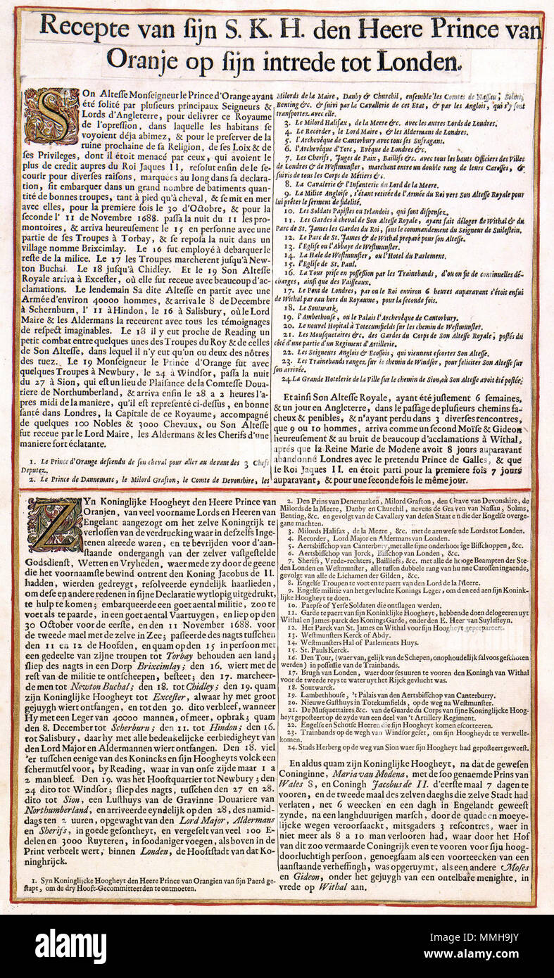 . Nederlands : Deze tekst behoort bij de prent van Romeyn de Hooghe (1645-1708) waarin de aankomst van Willem III op 29 décembre 1688 voor de stadspoorten vastgelegd est van Londen. Anglais : Ce texte appartient à l'impression par Romeyn de Hooghe (1645-1708) illustrant l'arrivée de William III aux portes de Londres le 29 décembre 1688. Recepte sijn van S.K.H. den Heere Prince van Oranje op sijn intrede tot Londen [Franse en Nederlandse tekst. 1689. Editeur : Onbekend inconnu / Atlas Van der Hagen-KW1049B11 0211-Recepte sijn van S.K.H. den Heere Prince van Oranje op sijn intrede tot Londen -Fran Banque D'Images
