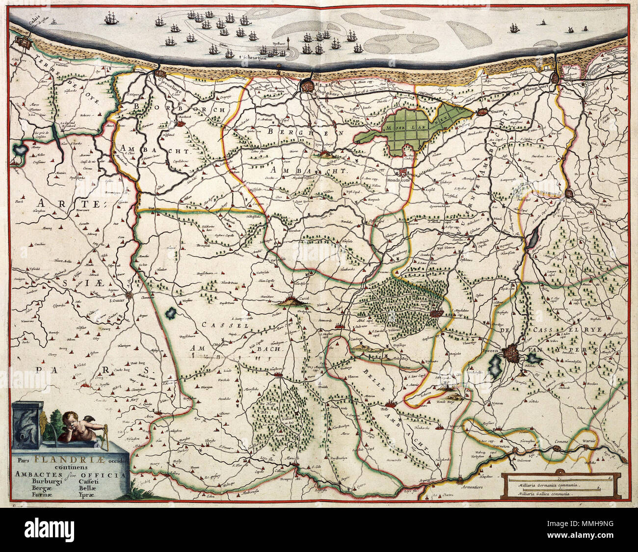 . Nederlands : Deze kaart van het graafschap Vlaanderen werd gepubliceerd Nicolaes Visscher porte I (1618-1679). Als bron greep Visscher gegrond terug op dat kaartmateriaal in de eerste helft van de 17de eeuw Willem porte Jansz. Blaeu (1571-1638) en Joan Blaeu (1598-1673) a été uitgegeven. Anglais : cette carte du comté de Flandre a été publié par Nicolaes Visscher I (1618-1679). Pour cette carte, Visscher peut avoir utilisé des cartes par Willem Jansz. Blaeu (1571-1638) et Joan Blaeu (1598-1673) à partir de la première moitié du 17ème siècle. Les FER FLANDRIAE occiden continens. Nederlands : voor 1680 English : bef Banque D'Images