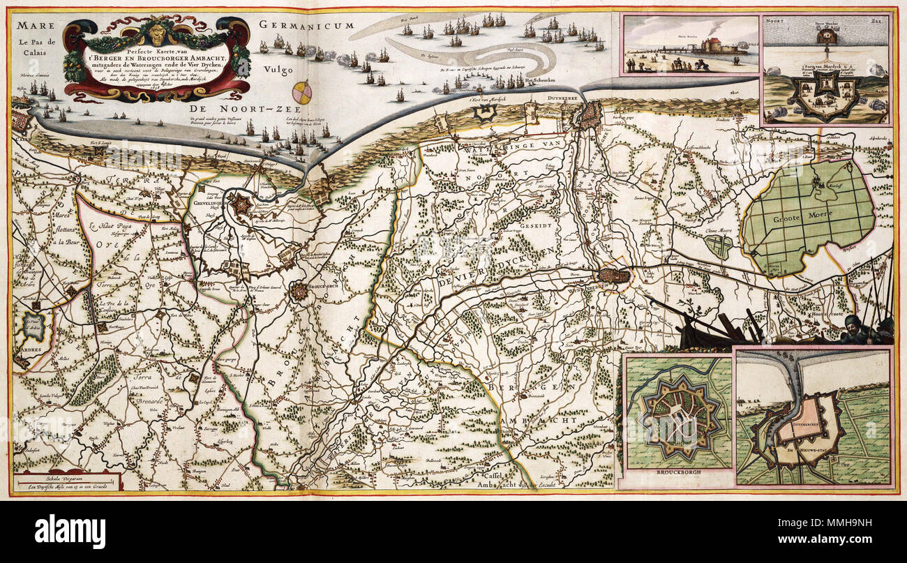 . Nederlands : De kaart van de kuststreek van Vlaanderen en 1644 werd oorspronkelijk uitgegeven door Claes Jansz. Visscher (1587-1652). Naar aanleiding van de oorlogshandelingen in het gebied, bewerkte zijn zoon Nicolaes Visscher I (1618-1679), en 1658 de oorspronkelijke koperplaat en verzorgde hij deze uitgave. Rechtsboven ; 2 : inzetten Houte en Wambus t Fort van de Mardyck par Francen genomen in den 30 septemb.r 1657 die t aen de Engelsche hebben. Overgelevert 2 Rechtsonder BROUCKBORGH DUYNKERCKEN inzetten : Fr. Anglais : Cette carte de la côte de Flandre a été initialement publié par Claes Jansz. Banque D'Images