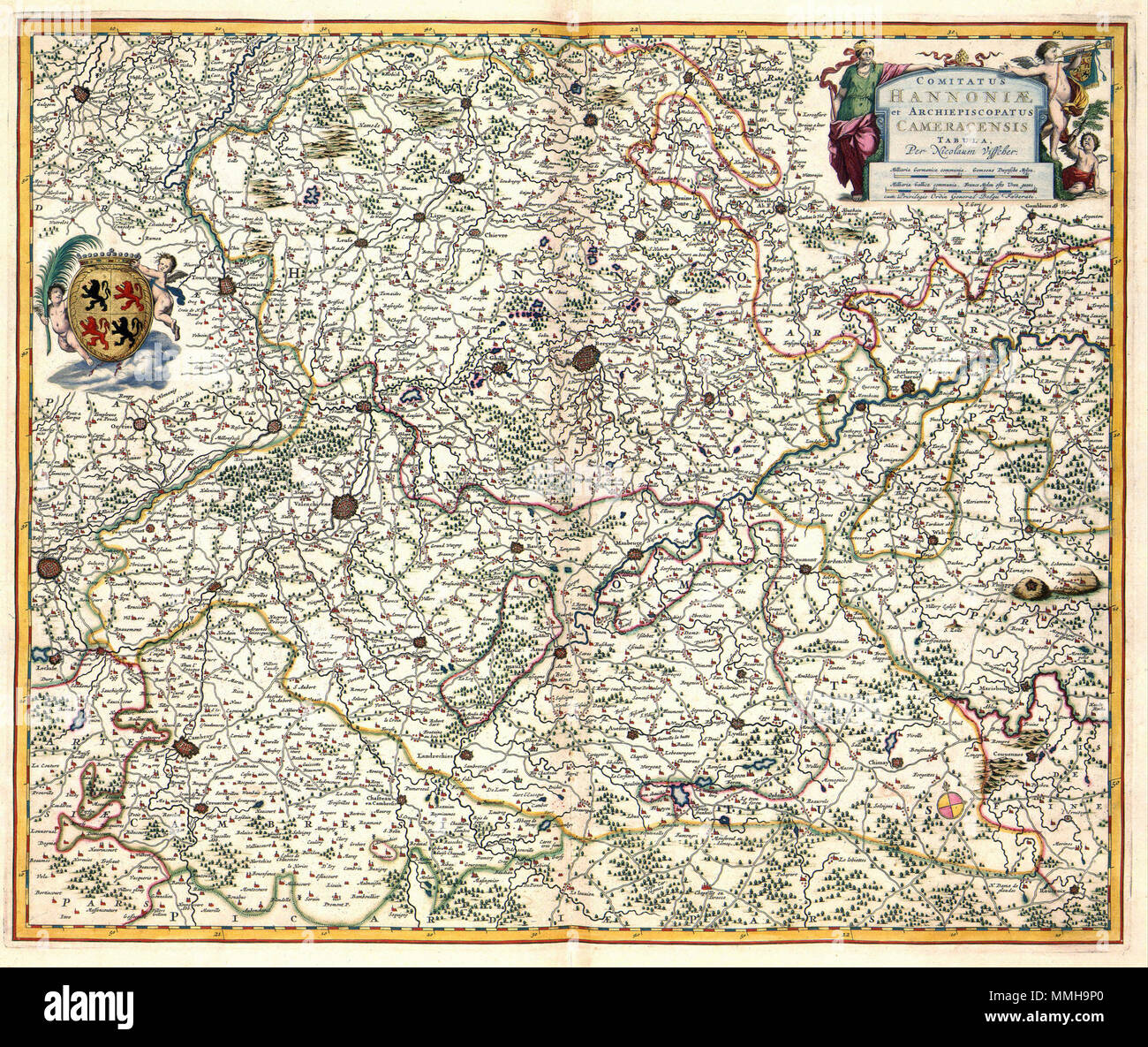 . Nederlands : Deze kaart van het graafschap Hainaut werd uitgegeven door Nicolaes Visscher I (1608-1679). Als bron greep Visscher gegrond terug op Nederlands Vlaams en kaartmateriaal dat in de eerste helft van de 17de eeuw était uitgegeven. Anglais : cette carte du comté a été publié par Hanaut Nicolaes Visscher II (1649-1702) après 1681. Pour cette carte, Visscher utilisé probables sources néerlandaise et flamande de la première moitié du 17e siècle. ARCHIEPISCOPATUS CAMERACENSIS HANNONIAE COMITATUS et TABULA. Nederlands : voor 1680 English : avant 1682 . Atlas Van der Hagen-KW1049B11 074-COMITAN Banque D'Images