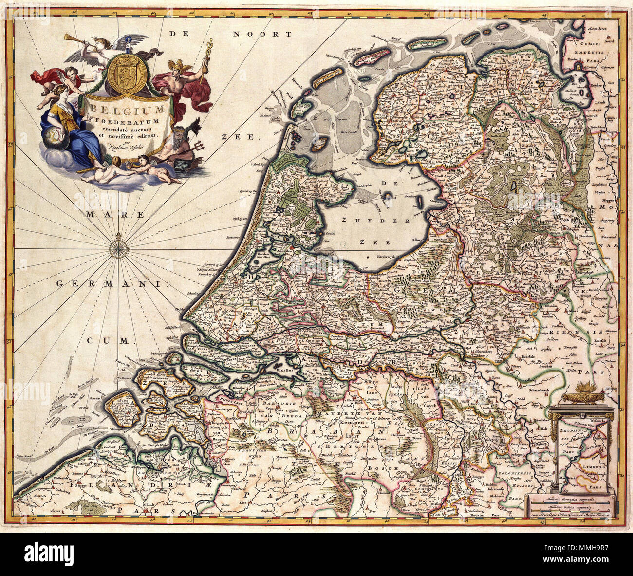 . Nederlands : Deze kaart van de Verenigde Nederlanden werd uitgegeven door Nicolaes Visscher I (1608-1679). Het is een nieuwe uitgave van een kaart die eerder in de 17de eeuw zijn vader porte Claes Jansz. Visscher (1587-1652) a été gepubliceerd. ; Rechtsonder een Inzet van Zuid-Limburg English : Cette carte de l'Organisation des Pays-Bas a été publié avant 1679 par Nicolaes Visscher I (1608-1679). C'est une réédition d'une carte publiée par son père Claes Jansz. Visscher (1587-1652) au début de la 17e siècle. BELGIUM FOEDERATUM emendata auctum et novissima editum. Nederlands : voor 1680 English : avant 16 Banque D'Images