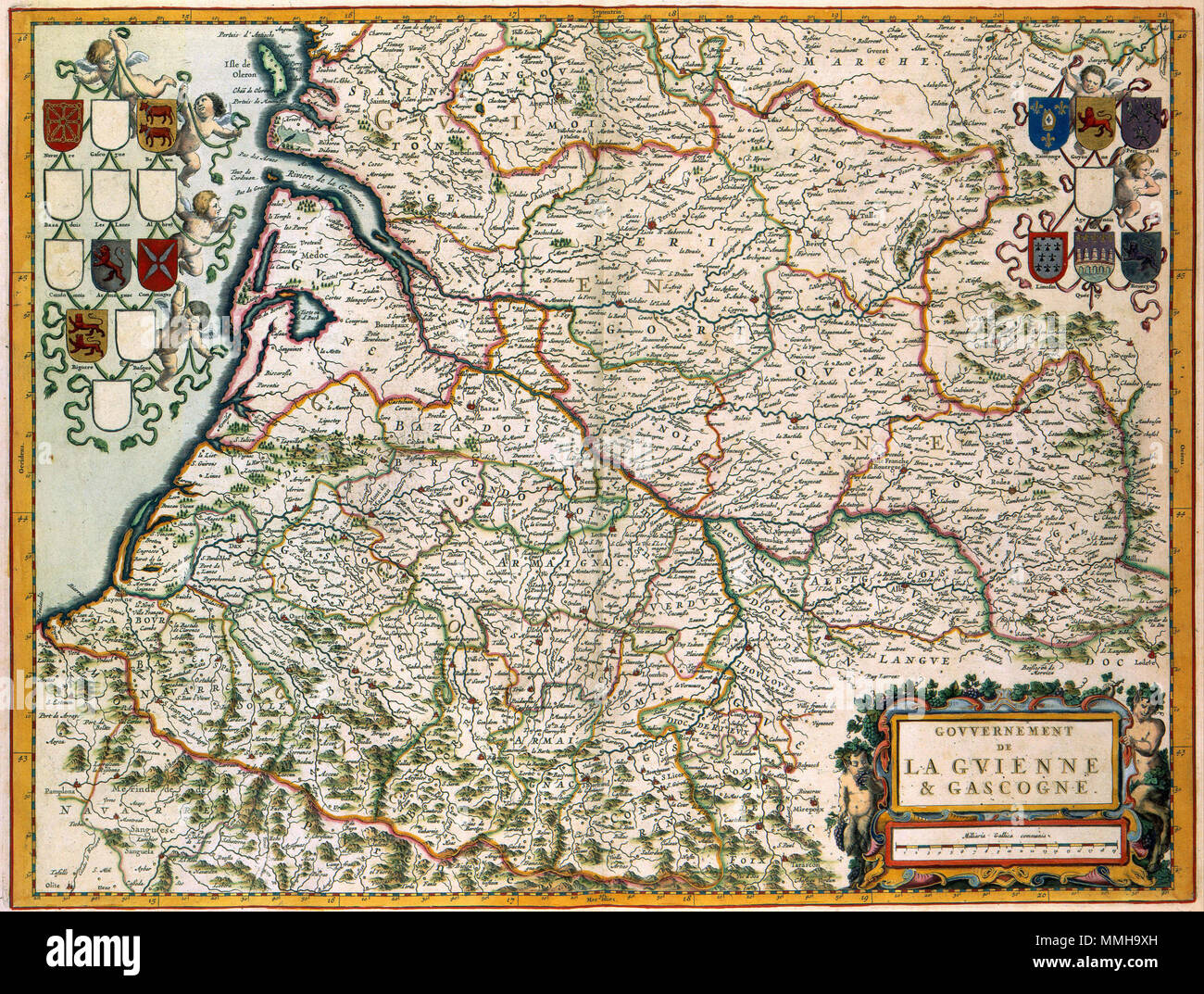 . Nederlands : Deze kaart van Zuid Frankrijk-ouest, die ook het gebied van Bordeaux en 1662 werd omvat opgenomen Atlas Maior dans van Joan Blaeu (1598-1673). De image est gebaseerd op een kaart rencontré dezelfde titel van de Franse kartograaf Nicolas Sanson (1600-1667) UIT 1650. Anglais : cette carte du sud-ouest de la France, y compris la région de Bordeaux a été inscrite en 1662 dans l'Atlas Maior par Joan Blaeu (1598-1673). L'image de la carte était basée sur une carte avec le même titre par Nicolas Sanson (1600-1667) à partir de 1650. GOVVERNEMENT DE LA GVIENNE & GASCOGNE. 1662. Atlas Van der Hagen-KW1049B12 039-GOVVERNEMENT Banque D'Images