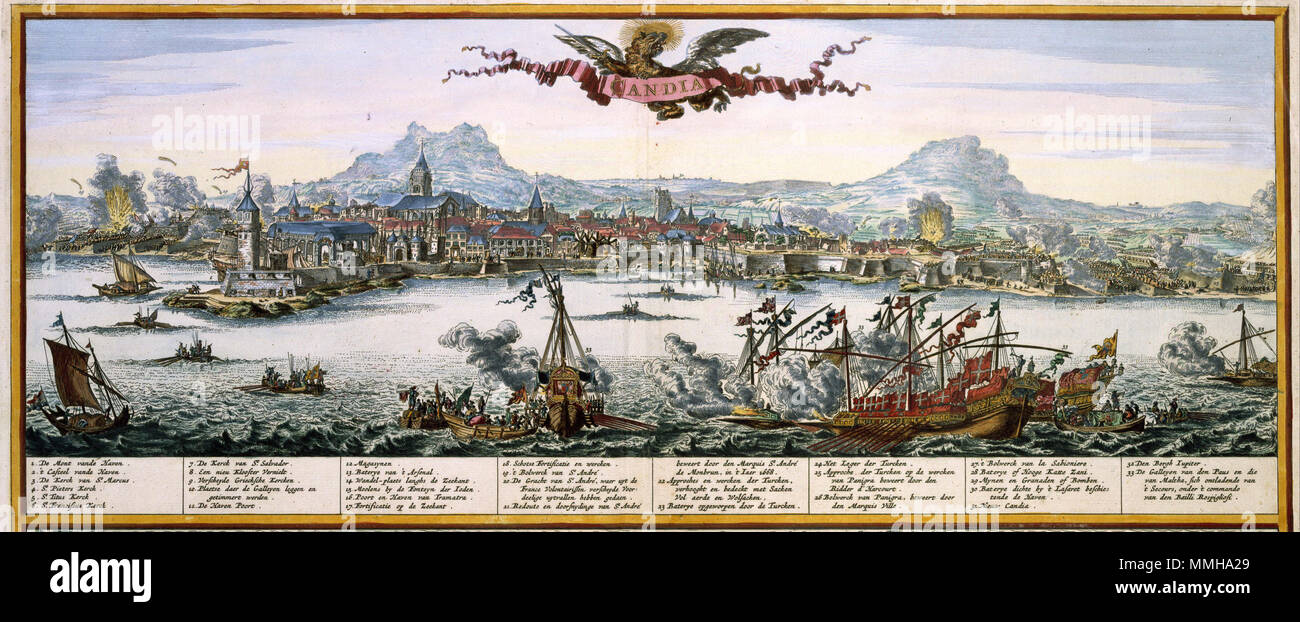 . Nederlands : stadsgezicht op het vroegere Iraklion, Candia, werd uitgegeven door Nicolaes Visscher I (1618-1679). Voor de image greep Visscher vermoedelijk terug op het werk van Jan Janssonius (1588-1664). Anglais : Cette vue sur Héraklion, l'ancien Candia, a été publié par Nicolaes Visscher I (1618-1679). Visscher peut avoir l'impression basée sur le travail de Jan Janssonius (1588-1664). Van Stadsprofiel] CANDIA. Nederlands : voor 1680 English : avant 1680 . Atlas Van der Hagen-KW1049B12 0981-Stadsprofiel van- CANDIA Banque D'Images