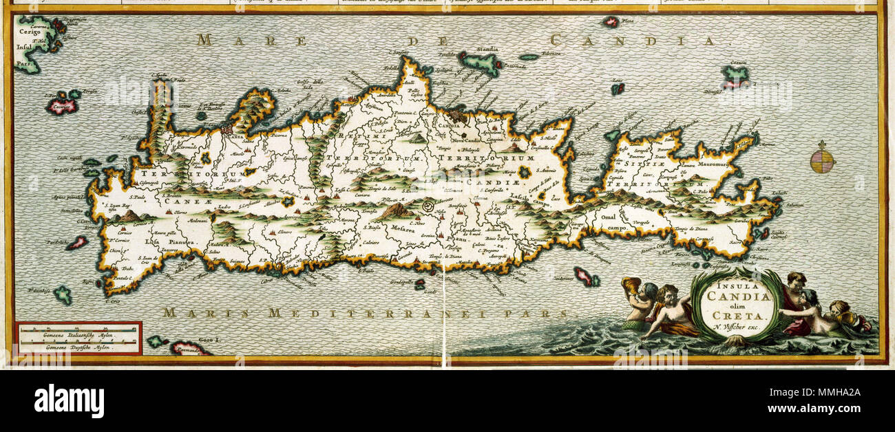 . Nederlands : Voor deze kaart van Kreta greep Nicolaes Visscher I (1618-1679) vermoedelijk terug op kaarten van de Deense kartograaf Lauremberg (1590-1658) Johann. Anglais : pour cette carte de Crète, Nicolaes Visscher I (1618-1679) Description utilisé un ancien site par le cartographe danois Johann Lauremberg (1590-1658). INSULA CANDIA olim CRETA. Nederlands : voor 1680 English : avant 1680 . Atlas Van der Hagen-KW1049B12 0982-INSULA CANDIA olim CRETA Banque D'Images