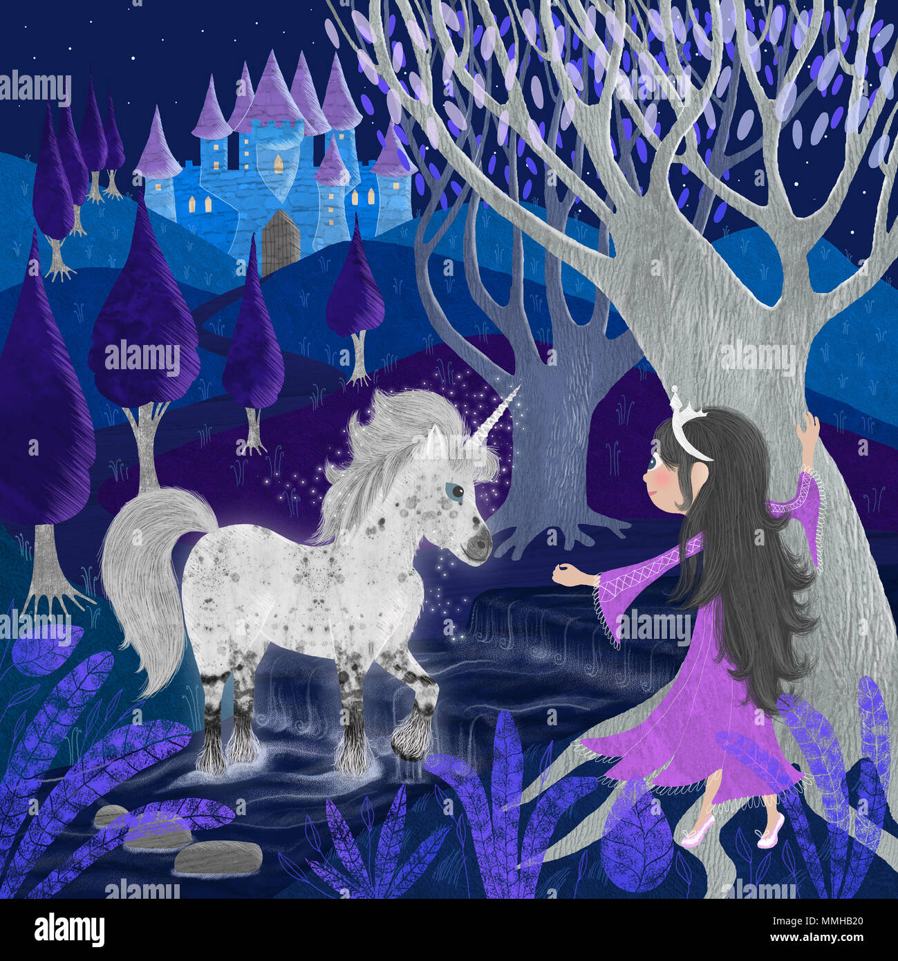 Une princesse dans un coxing une licorne des forªts   travers une rivi¨re et un beau