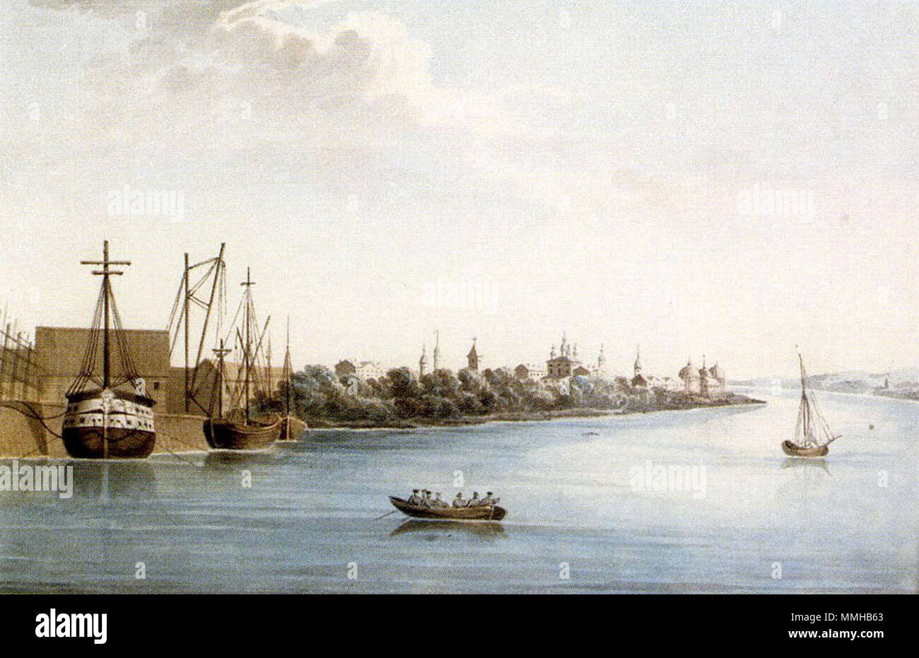 . Anglais : c'est vue sur la rivière Dvina Septentrionale banque à Arkhangelsk. Cette photo a été faite par Galyamin la valériane en 1826 année. Русский : вид на берег Северной Архангельске Двины в. Слияния Кузнечихи Северной Место с. Двиной Видно Гостиных дворов Хорошо здание, собор, характерная лютеранской кирхи крыша и. Картину написал Валериан Галямин в 1826 году. . 1826. Galyamin Galyamin valériane valériane arh 1826 big Banque D'Images