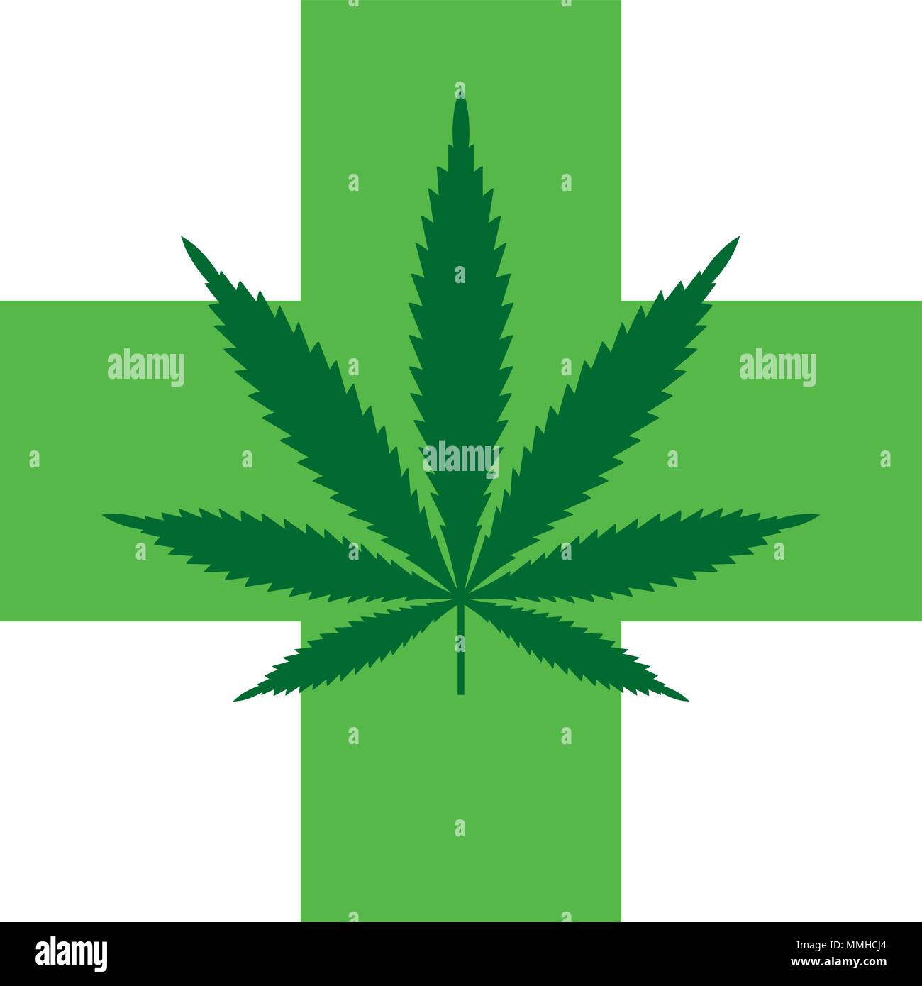 Feuilles de marijuana avec la croix verte. Le cannabis médical. Logo Icône Modèle. La santé et la thérapie médicale. Vector illustration isolé sur fond blanc. Illustration de Vecteur