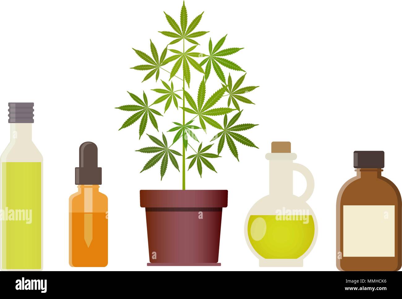 Plante de la marijuana et de l'huile de cannabis. La marijuana médicale. L'huile de chanvre dans un bocal en verre. CBD huile de chanvre produits. Bouteille de verre d'huile des maquettes. Vecteur isolé illustr Illustration de Vecteur