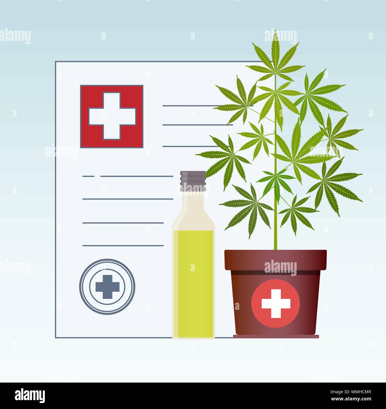 Plante de la marijuana et de l'huile de cannabis. L'huile de chanvre dans un bocal en verre des maquettes. CBD huile de chanvre produits. La marijuana médicale dans les soins médicaux pour une prescription m Illustration de Vecteur