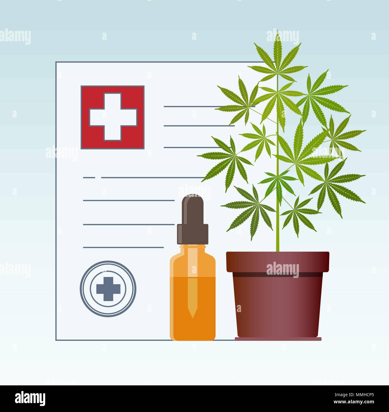 Usine de marijuana et compte-gouttes avec de l'huile de la CDB. L'huile de cannabis. La marijuana médicale dans les soins d'une prescription pour la marijuana médicale. Bouteille d'huile des maquettes. Cert Illustration de Vecteur