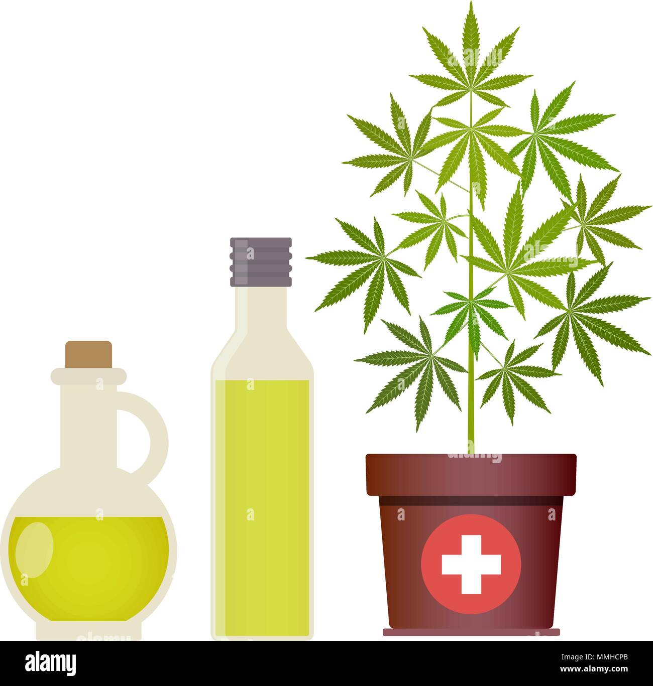 Plante de la marijuana et de l'huile de cannabis. La marijuana médicale. L'huile de chanvre dans un bocal en verre. CBD huile de chanvre produits. Bouteille de verre d'huile des maquettes. Vector illustration wit Illustration de Vecteur