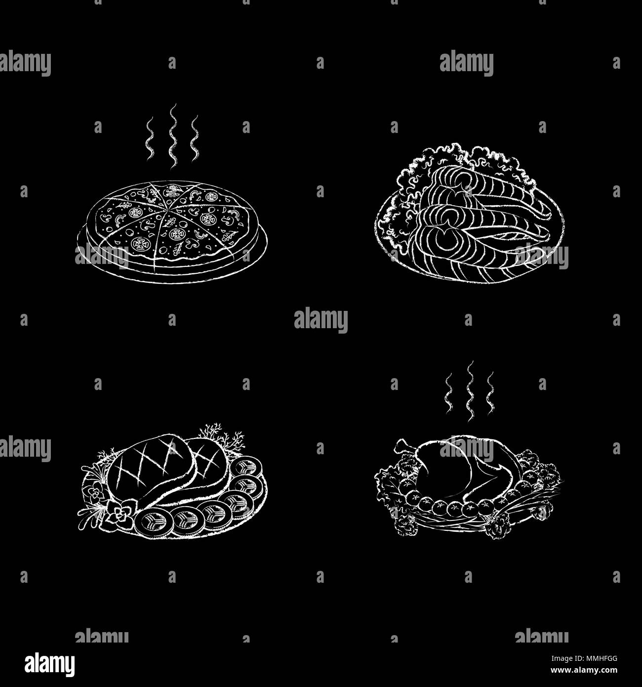 Des plats de viande et de poisson pour le restaurant Cafe menu, appelée la craie sur un tableau noir Illustration de Vecteur