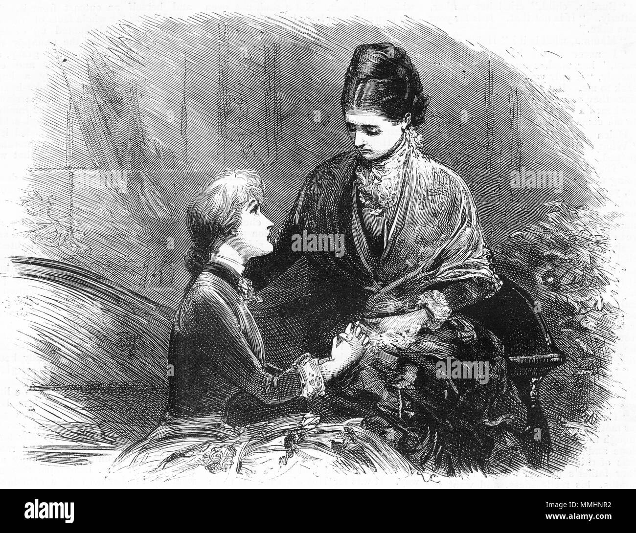 Gravure d'un couple de jeunes femme dans humeur mélancolique. À partir d'une gravure originale à la jeune fille son propre magazine papier 1882. Banque D'Images