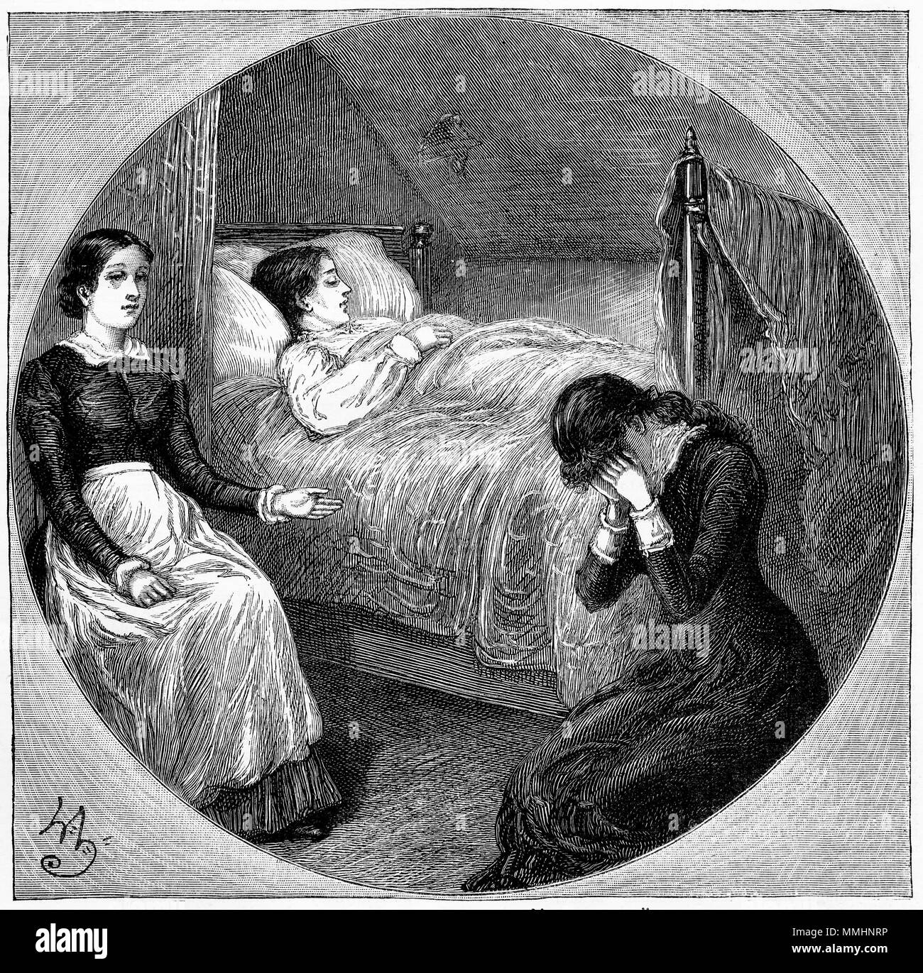 Gravure d'une jeune femme pleurant sur la maladie de son ami. À partir d'une gravure originale à la jeune fille son propre magazine papier 1883. Banque D'Images