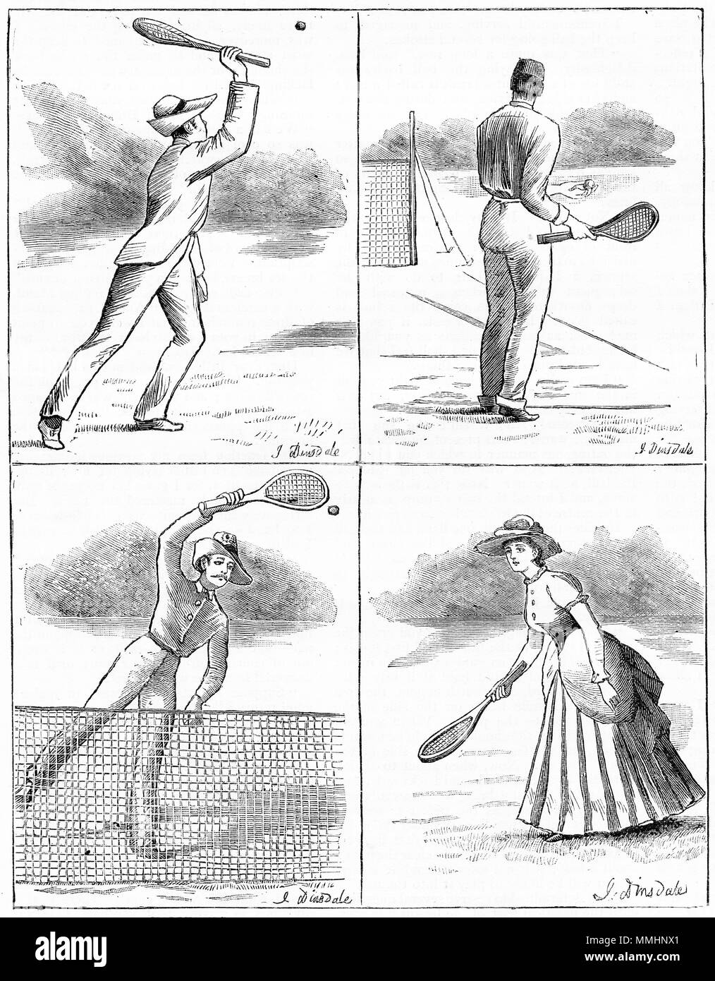 Gravure de divers jeux pour le jeu de tennis sur gazon. À partir d'une gravure originale à la jeune fille son propre magazine papier 1882. Banque D'Images