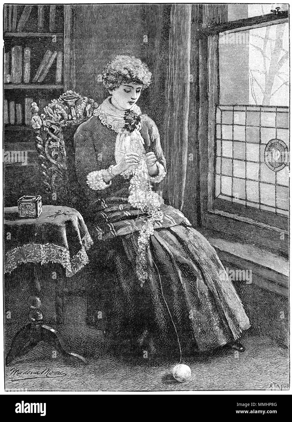 Gravure d'une jeune femme le crochet à la maison. À partir d'une gravure originale à la jeune fille son propre magazine papier 1883. Banque D'Images