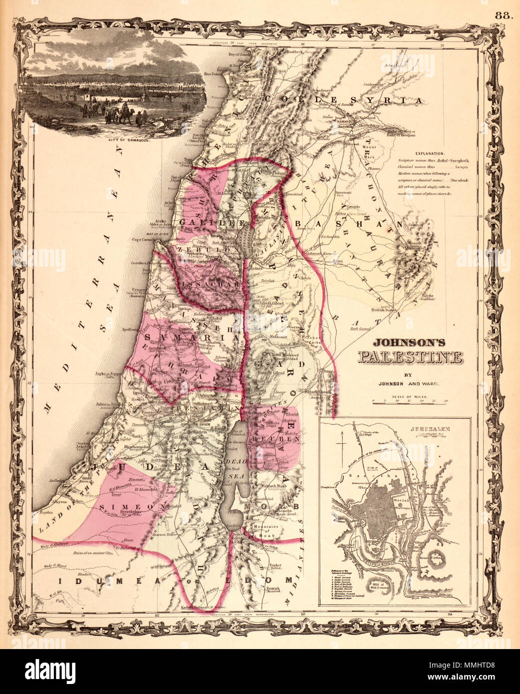 . Anglais : un bel exemple de A. J. Johnson, 1862 Plan de la Palestine / Israël / Terre Sainte. Plus de détails la région du sud de Beyrouth et Busaireh à Kadès Barnéa. S'étend vers l'est en ce qui concerne Mont Alsadamus en jour moderne de la Syrie. Offre à la fois ancienne et contemporaine géographie, notant souvent différents noms pour la même volonté politique et géographique. Montre également de nombreux chemins et routes caravanières dans toute la région. Un encart dans le quadrant inférieur gauche de détails le Jérusalem avec 10 églises importantes, sites bibliques, et des mosquées. Une vue de Damas décore la partie supérieure de l Banque D'Images