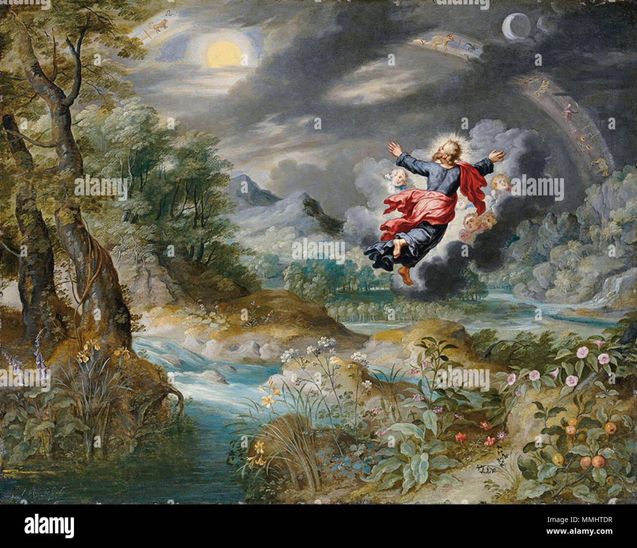. Dieu crée le soleil, la Lune et les étoiles . 17e siècle. Jan Brueghel II Dieu créant Banque D'Images